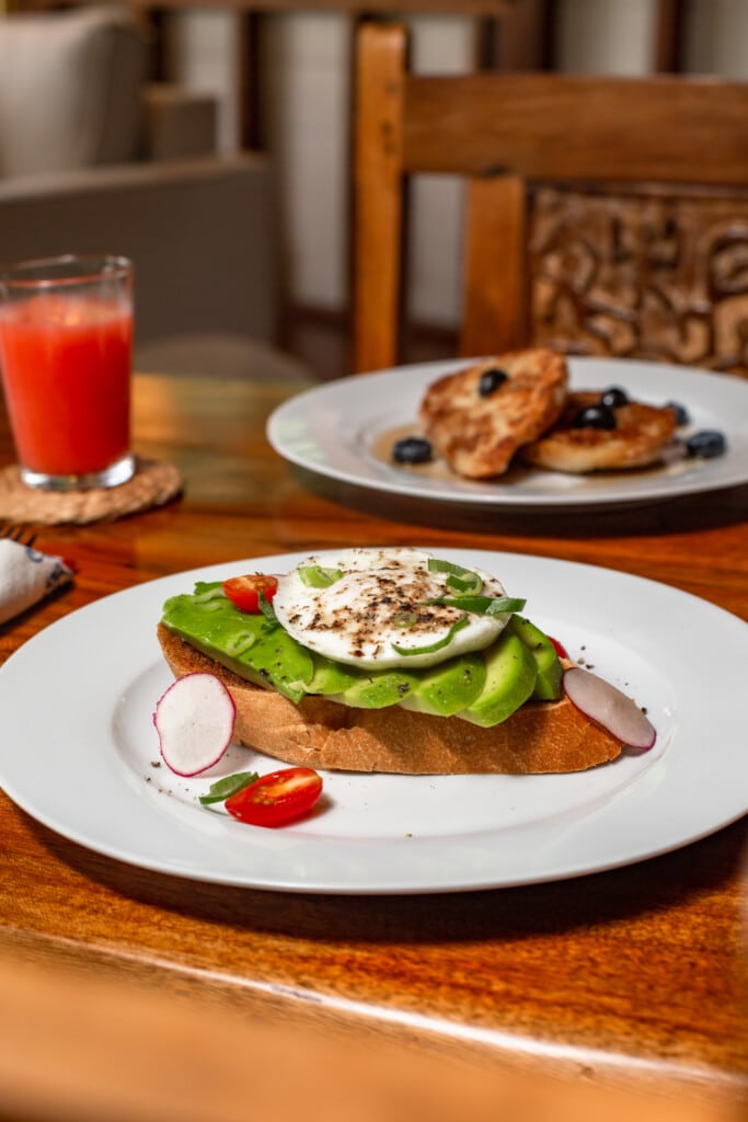 Cooked-to-order breakfast plate with fresh juice