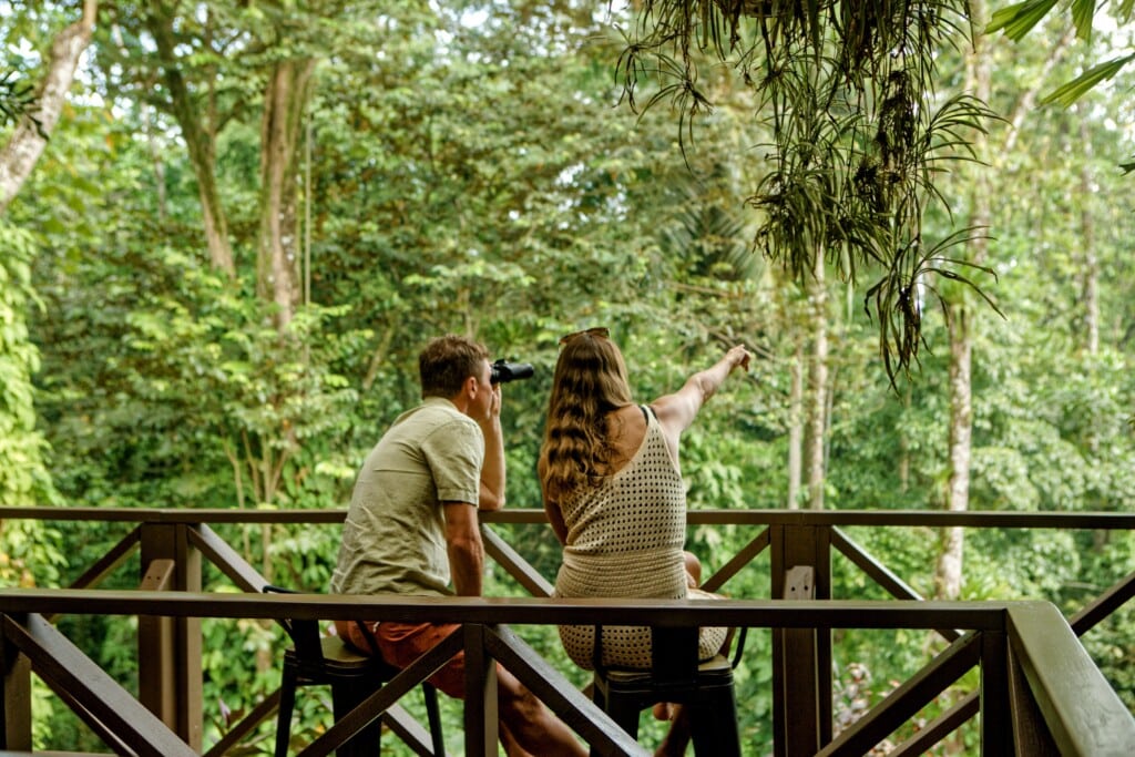 Couple on the deck pointing out wildlife in the trees