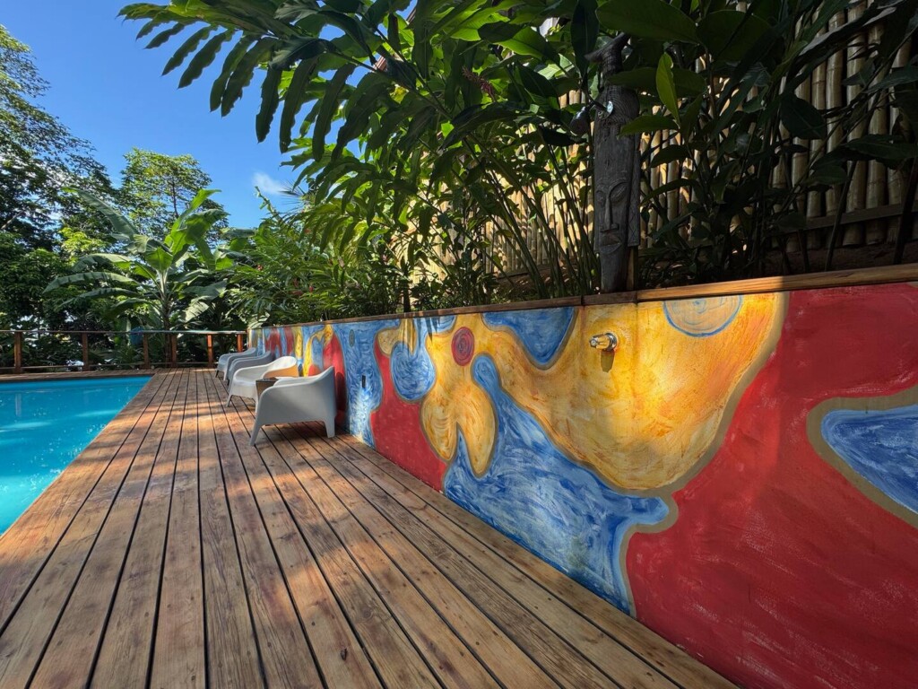 Pool deck with the colorful hand-painted mural